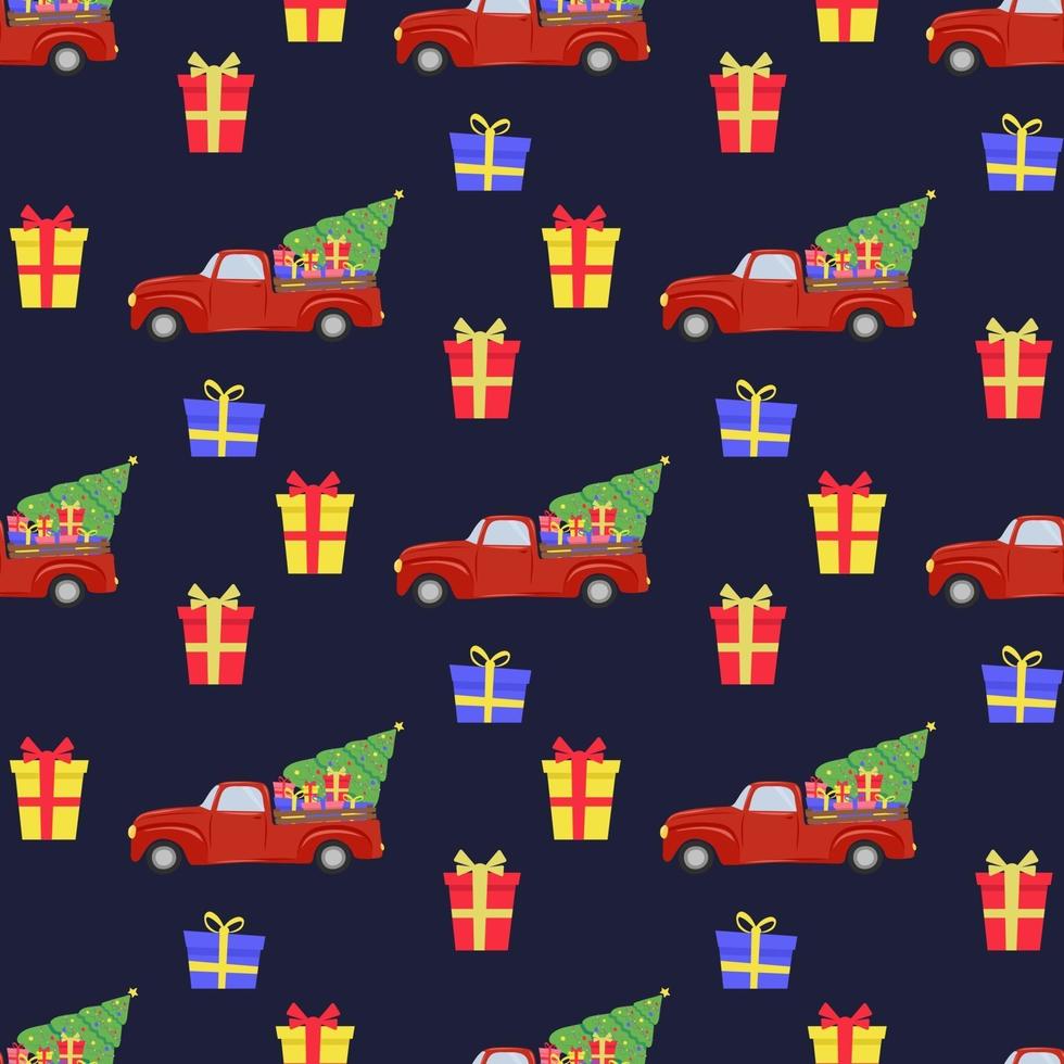 kerst naadloos patroon met rode auto, kerstboom, geschenken. de illustratie is geweldig voor inpakpapier en verpakkingen. vector