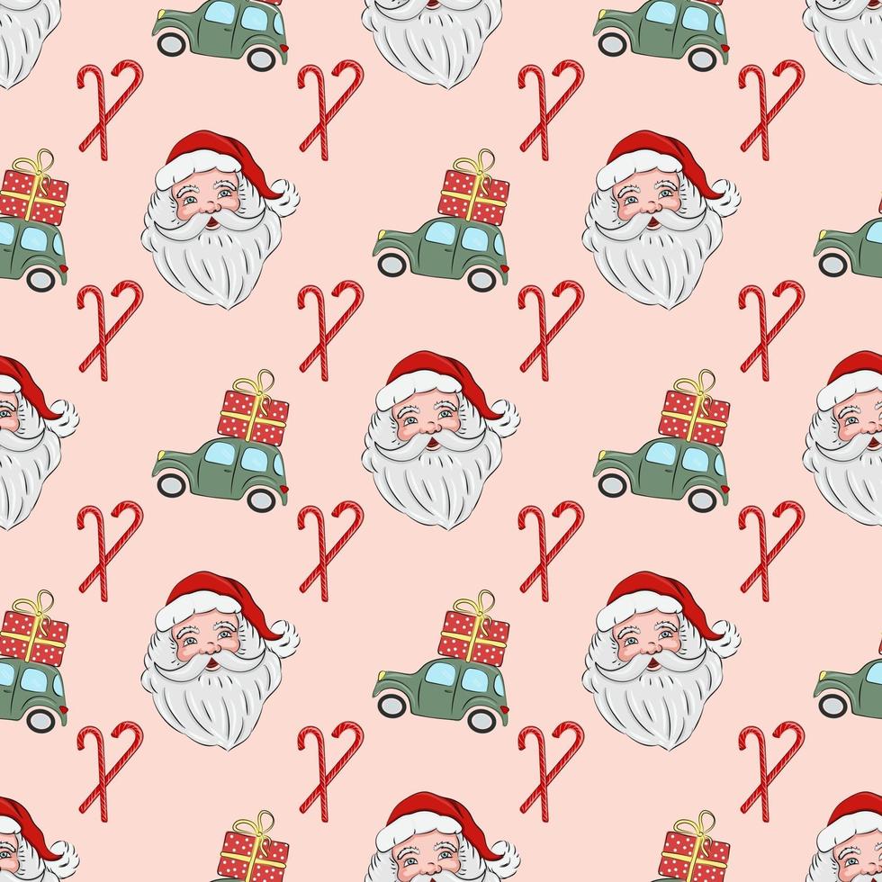 kerst naadloos patroon, met de kerstman en groene auto met een cadeau op het dak. Kerstmis en Nieuwjaar concept. de illustratie is geweldig voor inpakpapier en verpakkingen. vector