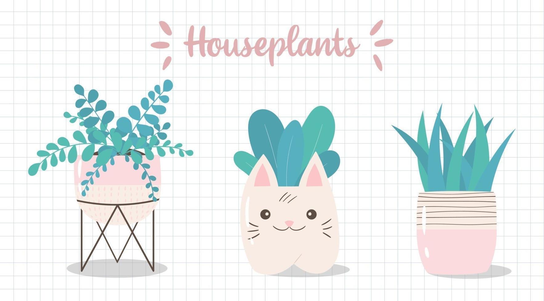 set van schattige handgetekende kamerplanten. potplanten collectie. vectorillustratie van planten in roze potten. iconen van decoratieve planten in Scandinavische stijl. vector