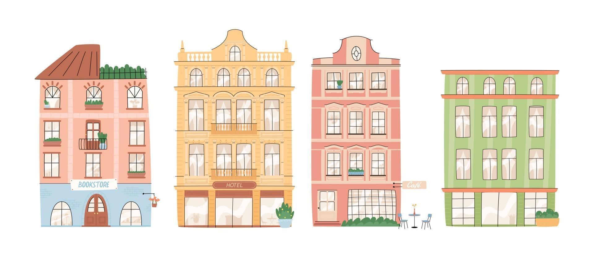 Europese stad gebouwen geïsoleerd op een witte achtergrond. boekhandel, hotel en café. schattige vectorillustratie. vector