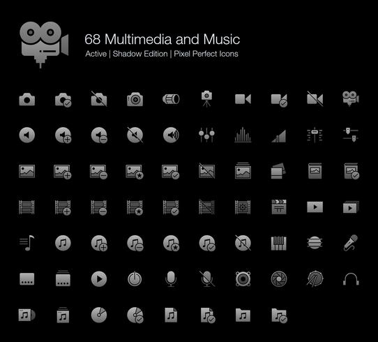 68 Multimedia en muziek Pixel Perfect-pictogrammen (Filled Style Shadow Edition). vector