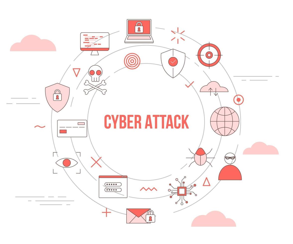 cyberaanval concept met icon set sjabloon banner met moderne oranje kleurstijl en cirkel ronde vorm vector