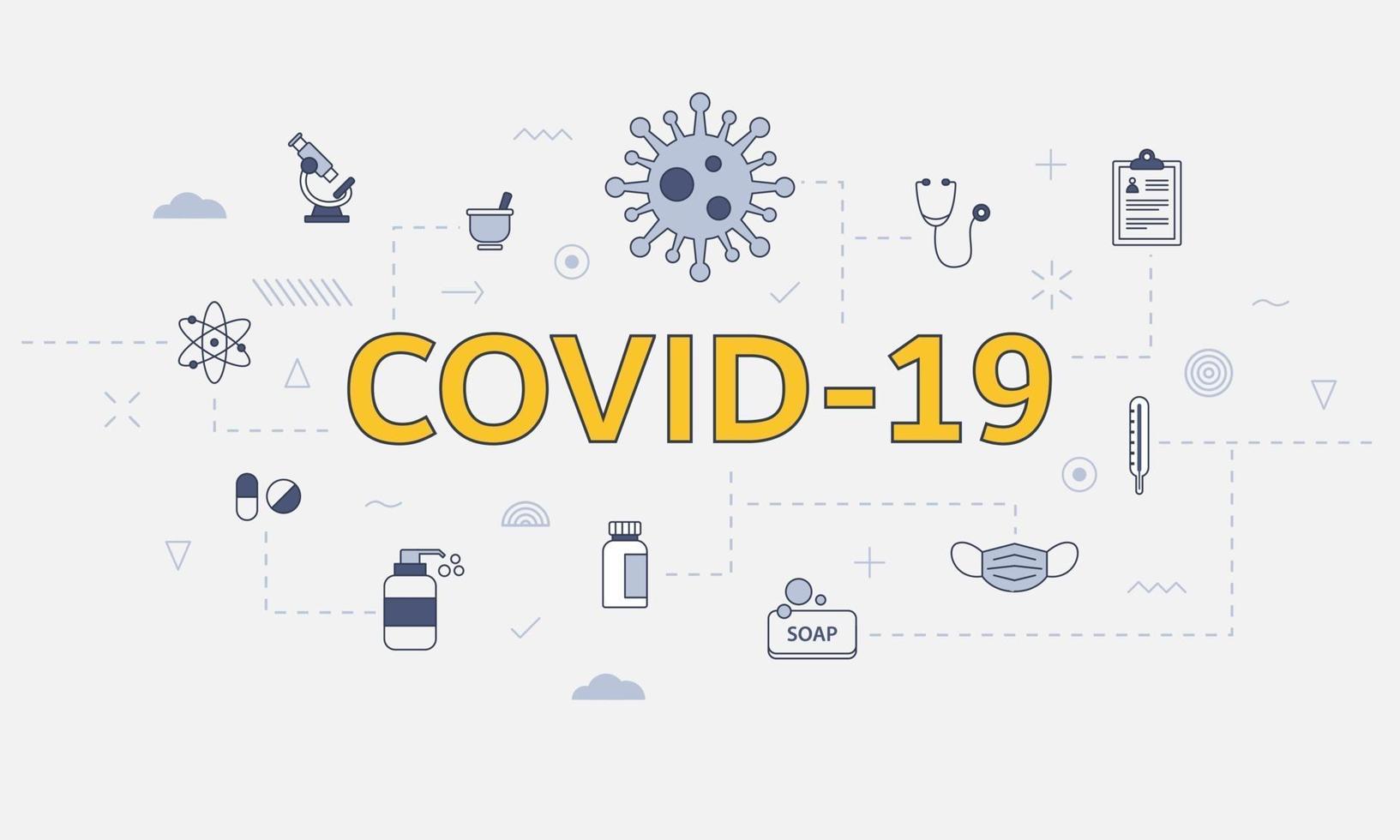 covid-19 coronavirus concept met icon set met groot woord of tekst in het midden vector