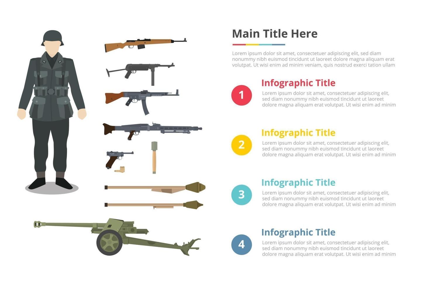soldaat ww2 leger uniform en militair wapen infographics sjabloon met 4 punten vrije ruimte tekstbeschrijving - vectorillustratie vector