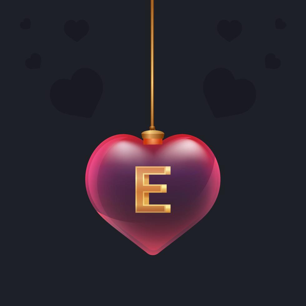 rood glazen hart speelgoed met een gouden 3d letter e erin. valentijnsdag decoration.design element voor banner, invintation of reclame vector