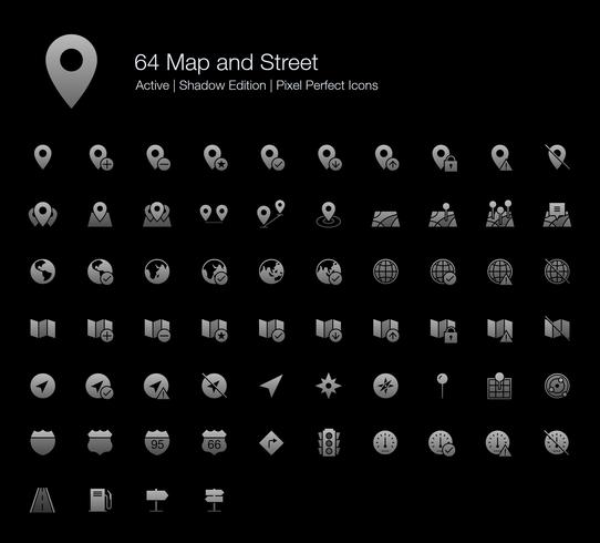 64 Kaart en straat Pixel perfecte pictogrammen (Filled Style Shadow Edition). vector