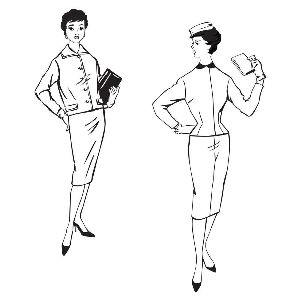 stijlvolle retro kleding. mode vrouw zakelijke stijl set jaren 60 jas jurk vector