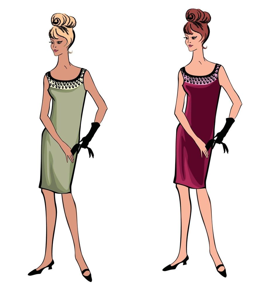 stijlvolle cocktail kleding vrouw. mode gekleed meisje set 1960 stijl retro jurk party vector
