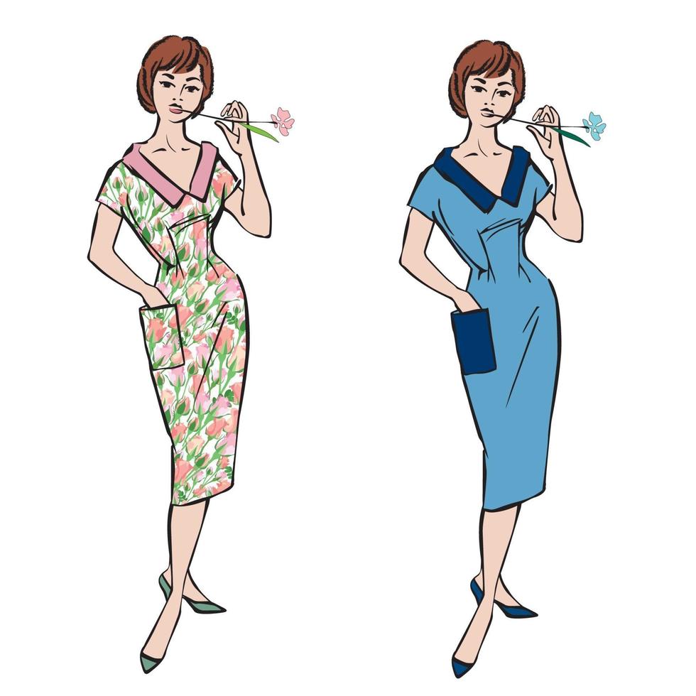 stijlvolle doek vrouw mode meisje 1960 stijl vintage zomerjurk vector