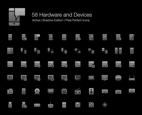 58 Hardware en apparaten Pixel Perfect-pictogrammen (Filled Style Shadow Edition). vector