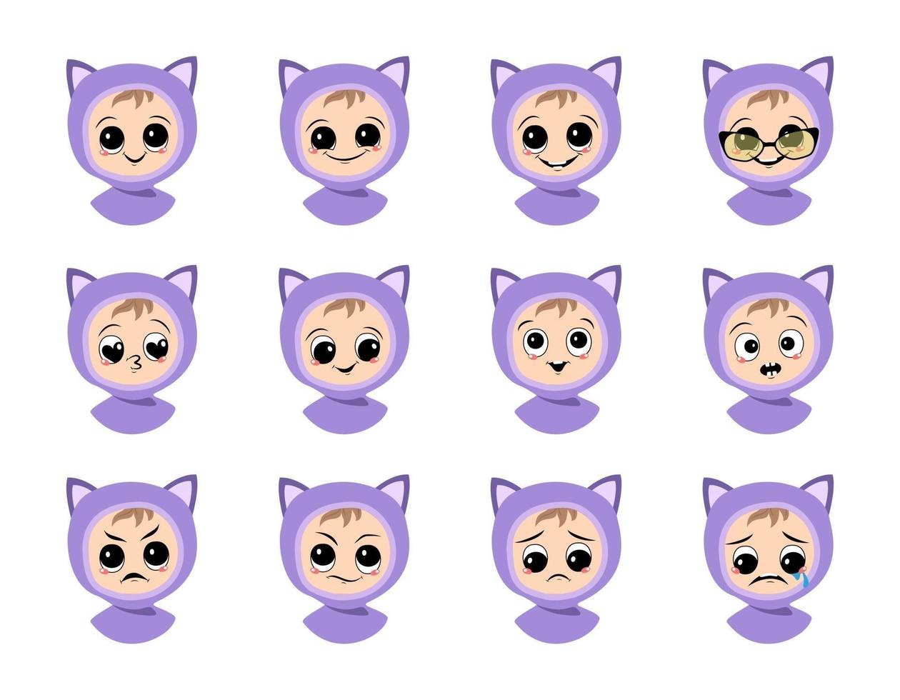 set baby avatar met grote ogen en brede glimlach en verschillende emoties in kattenhoed. schattig kind met vrolijk, verdrietig of boos gezicht in winterhoofdtooi vector