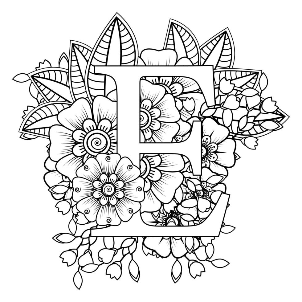 letter e met mehndi-bloem. decoratief ornament in etnisch oosters. schets hand-draw vectorillustratie. vector