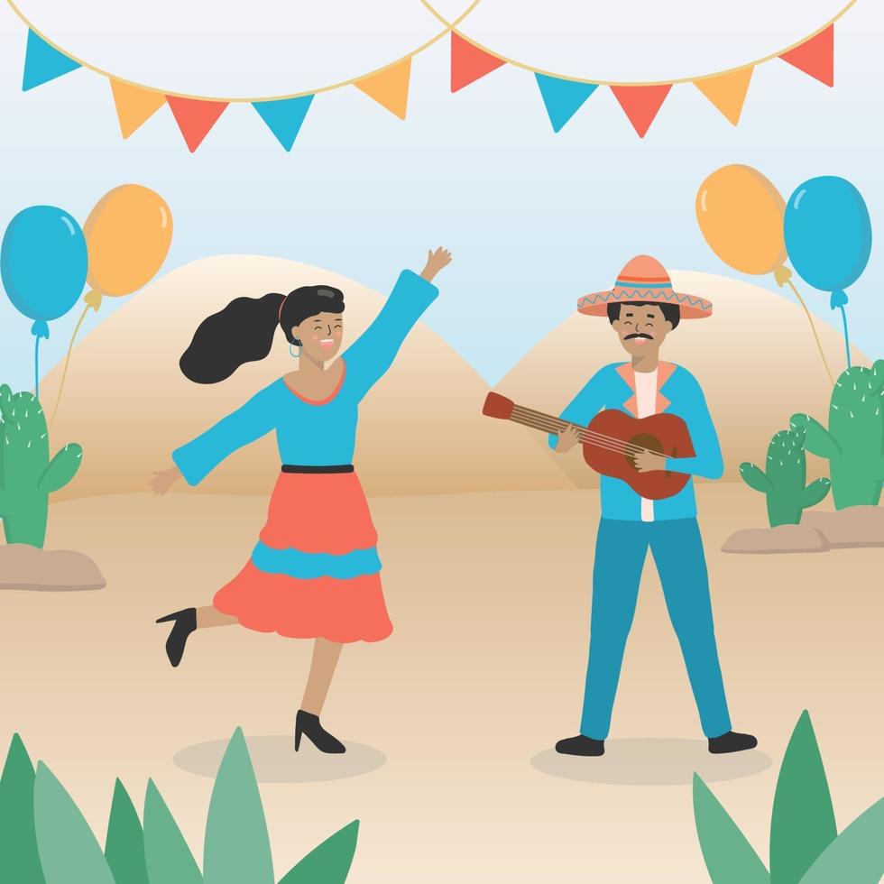 Mexicaanse jonge man die gitaar speelt een jonge vrouw in een lichte blouse en rok danst op de muziek. vector