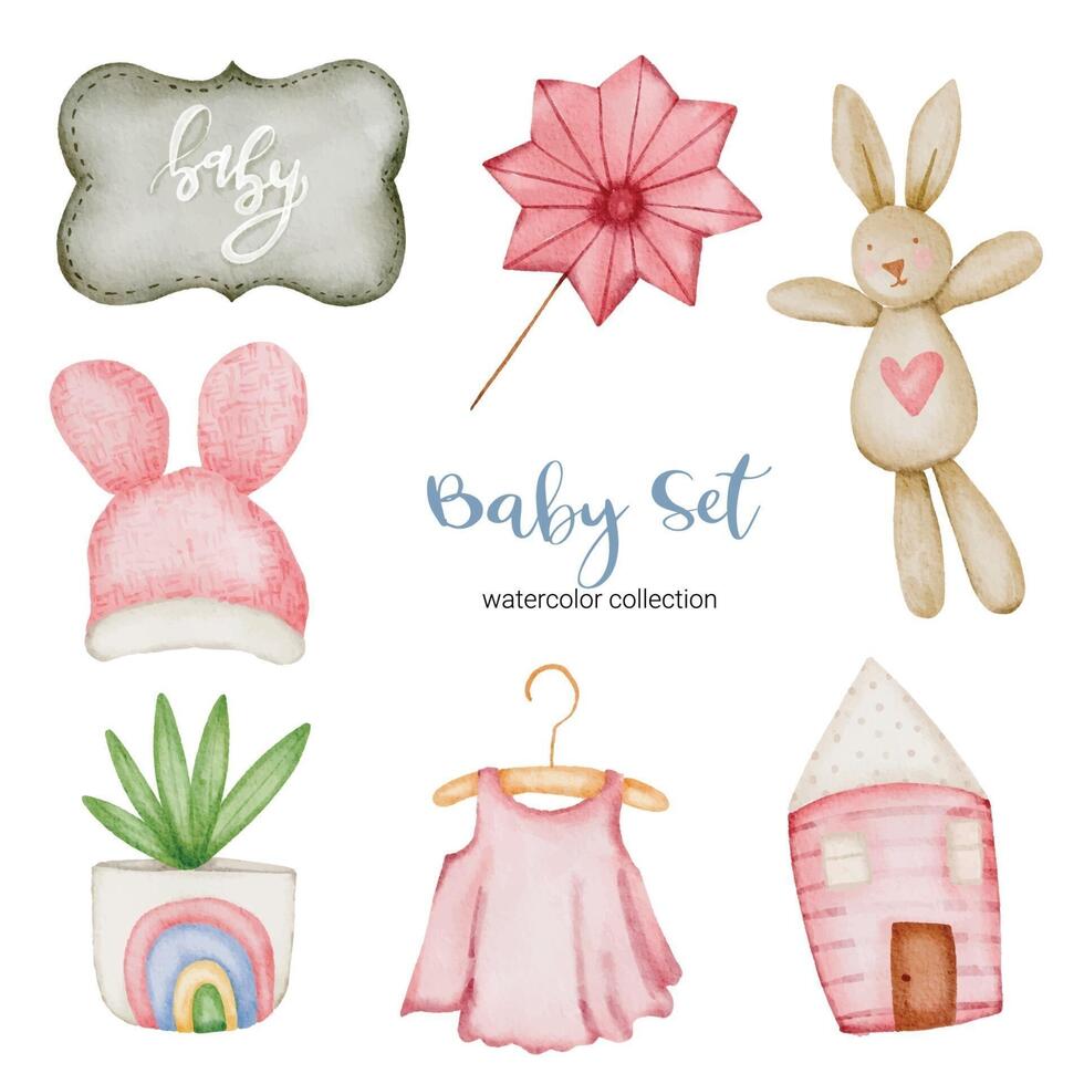 set van mooie losse onderdelen van kleding, babyspullen en speelgoed in aquarellen vector