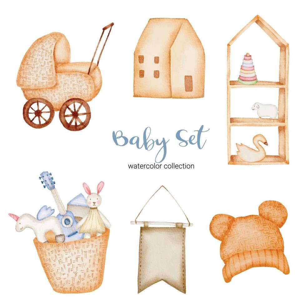 set van mooie losse onderdelen van kleding, babyspullen en speelgoed in aquarellen vector