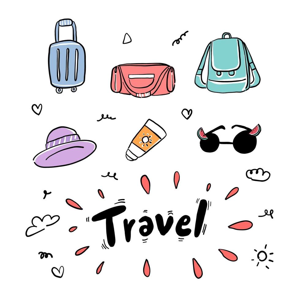 reizen kit voor reiziger in koffer of rugzak geïsoleerd op een witte achtergrond. vector