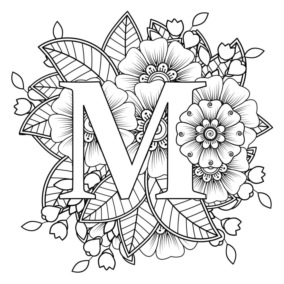 letter m met mehndi-bloem. decoratief ornament in etnisch oosters. schets hand-draw vectorillustratie. vector