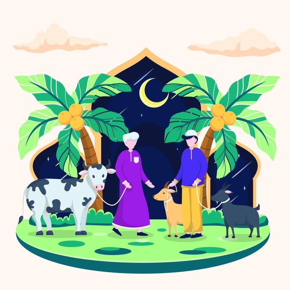 twee islamitische mannen in paarse kleding leiden een koe. een man met een blauw shirt leidt twee geiten vector