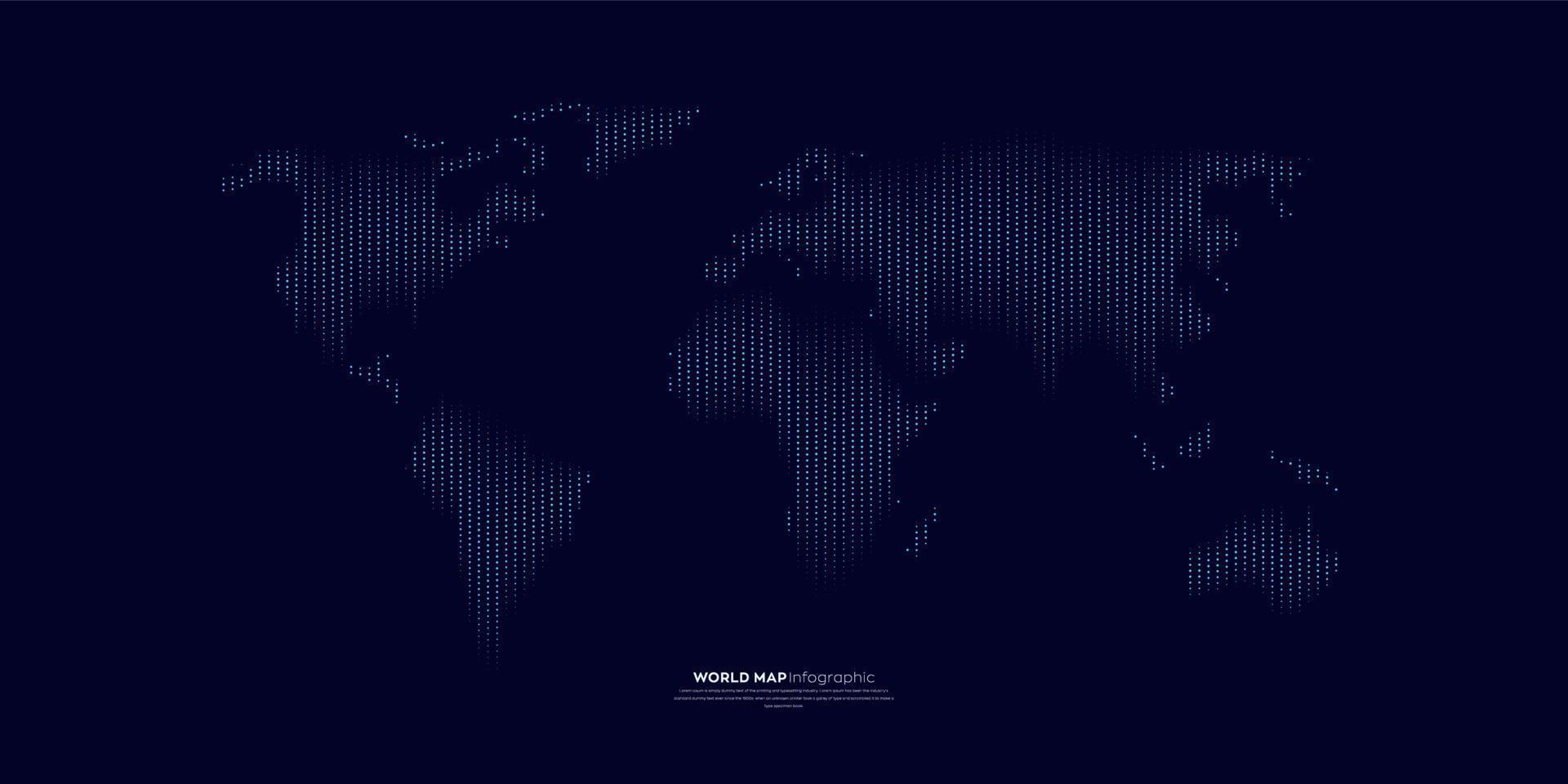 wereldkaart infographic met blauwe stippen. wereldwijde netwerkverbinding. vector illustratie geïsoleerde silhouet kaart op donkere achtergrond.