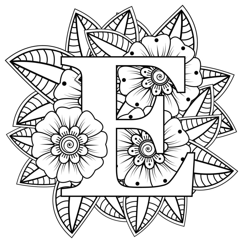 letter e gemaakt van bloemen in mehndi-stijl. kleurboek pagina. schets hand-draw vectorillustratie. vector