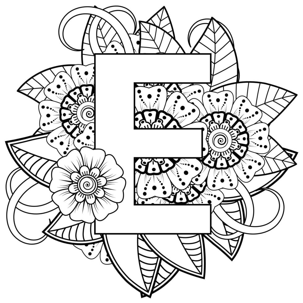 letter e gemaakt van bloemen in mehndi-stijl. kleurboek pagina. schets hand-draw vectorillustratie. vector