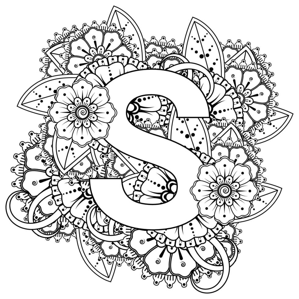 letter s met mehndi bloem. decoratief ornament in etnische oosterse stijl. kleurboek pagina. vector