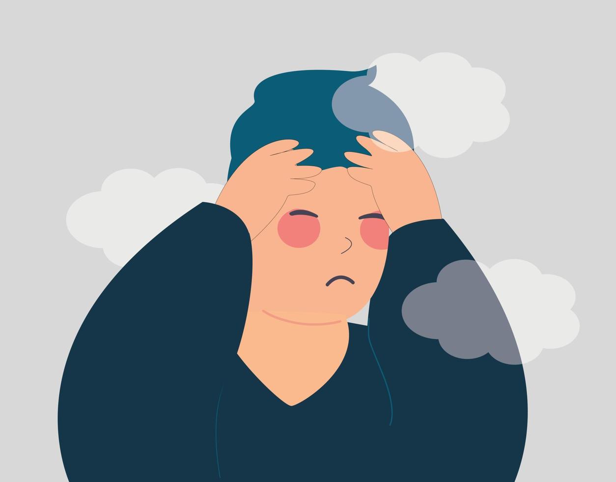 depressieve jongeman met een vertroebelde geest voelt zich verdrietig. gestresste tiener man lijdt aan alzheimer of tijdelijk geheugenverlies. psychische stoornissen, angst, depressie concept. vectorillustratie. vector