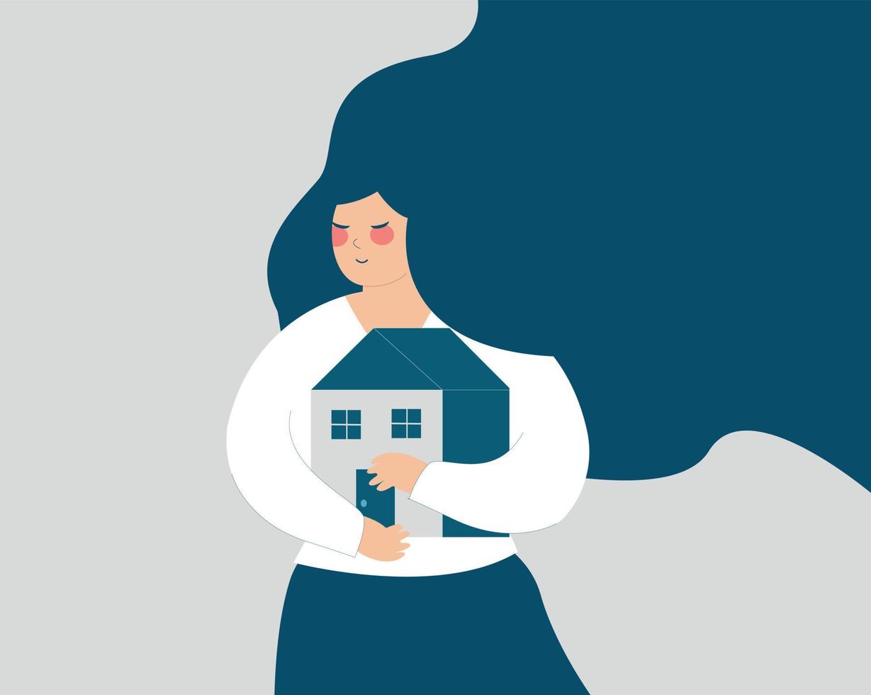 gelukkige vrouw of alleenstaande moeder omarmt haar huis met liefde. jonge huisvrouw houdt haar huis met zorg om haar kinderen te beschermen. ouderschap, thuis blijven, moederschap, vrouwenmachtsconcept. vector illustratie