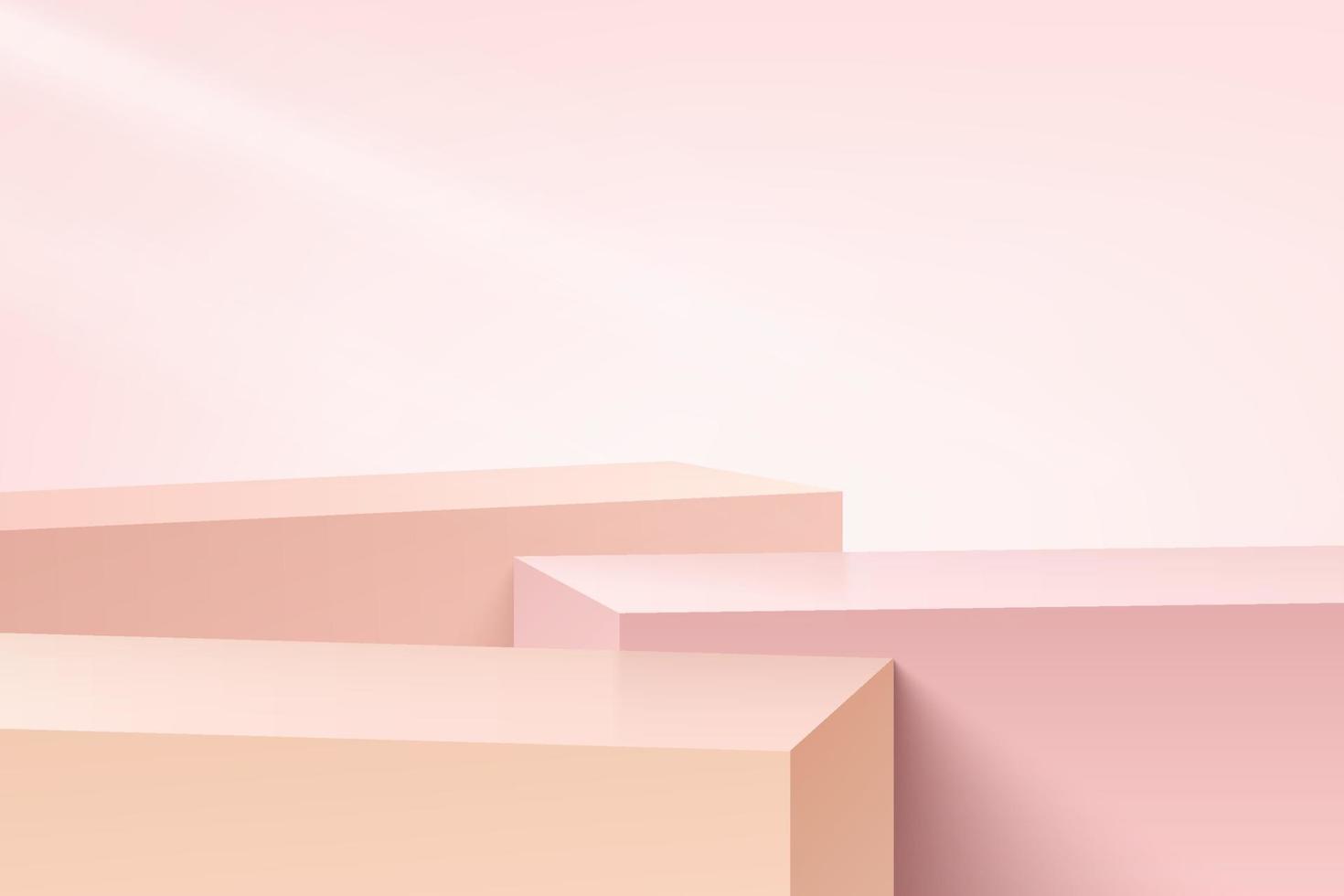 witte en roze realistische kubussen stappen voetstuk of staan podium set met roze abstracte kamer. vectorstudioruimte met 3d geometrisch platformontwerp. pastelscène voor productenshowcase, promotievertoning. vector