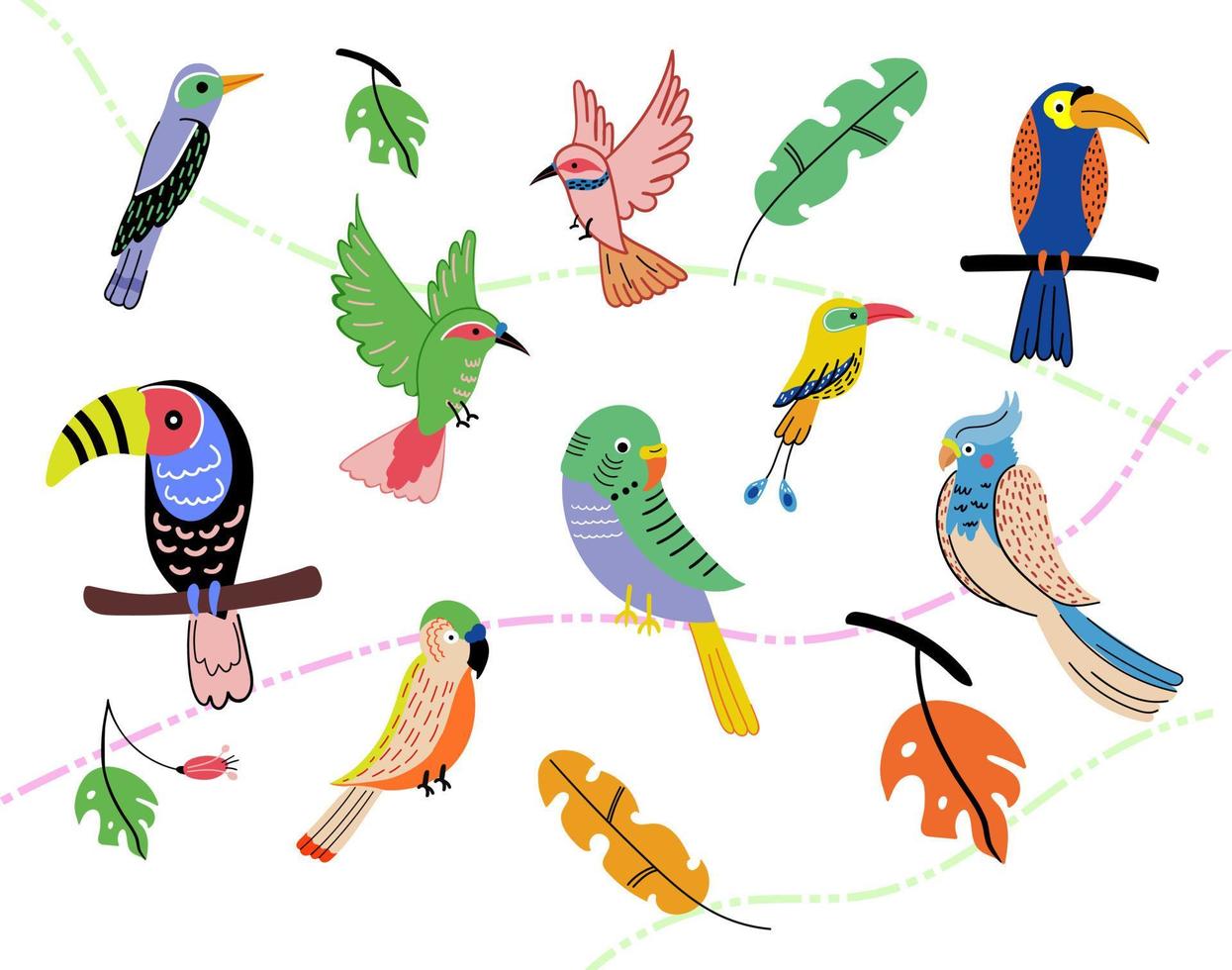 exotische papegaaien zitten op brunches. tropische vogels en papegaaiencollectie. vector illustratie