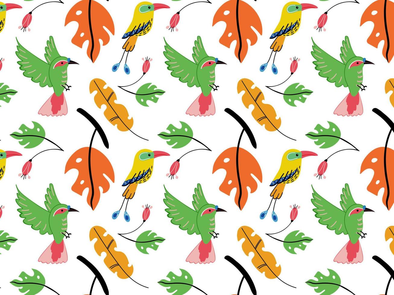 vectorpatroon met exotische vogels en tropische bladeren vector