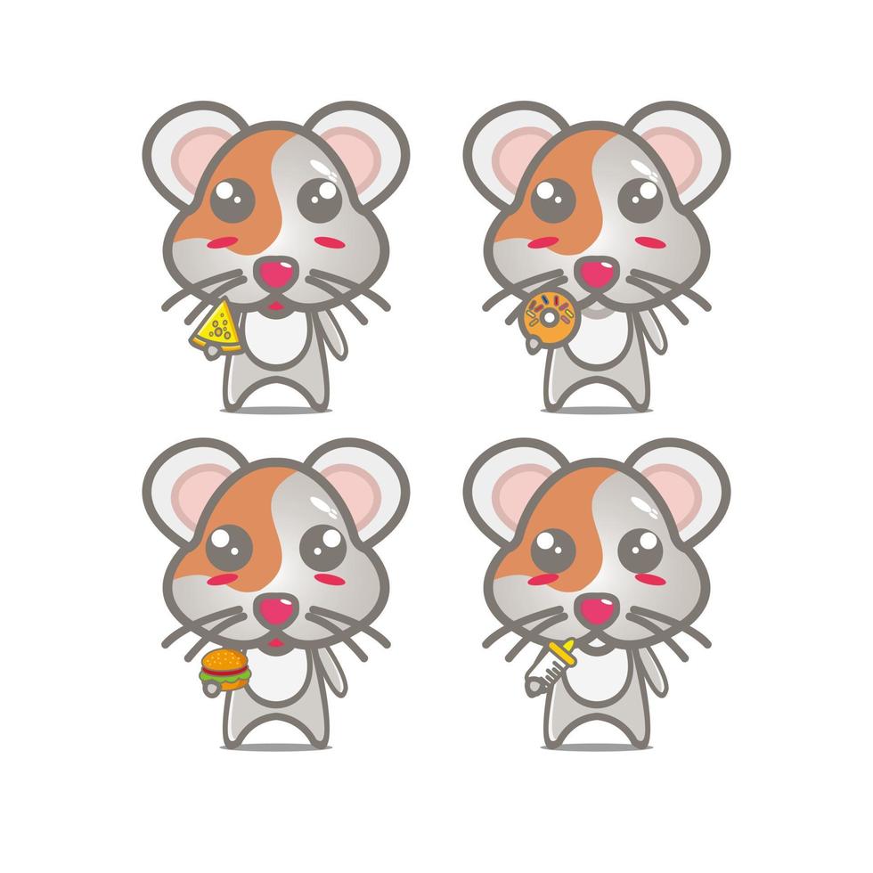 verzameling hamstersets met voedsel. vector illustratie vlakke stijl cartoon karakter mascotte. geïsoleerd op een witte achtergrond. schattig karakter hamster mascotte logo idee bundel concept