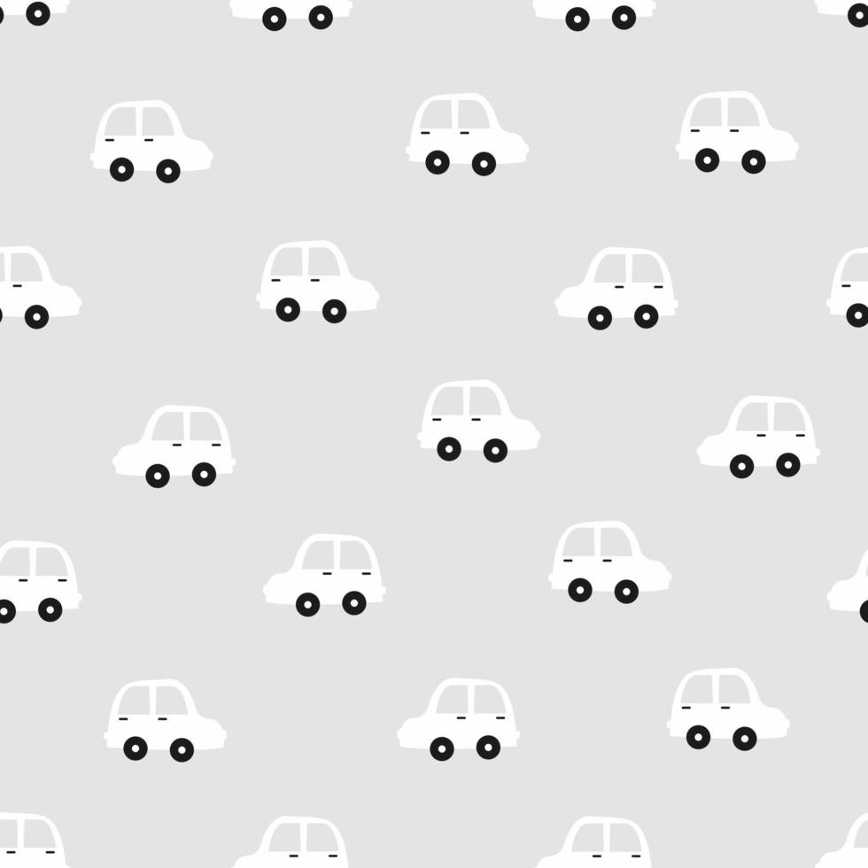 naadloze patroon witte vintage auto pictogram willekeurig gerangschikt op een grijze achtergrond ontworpen in de stijl van handgetekende kinderen. gebruikt voor stof, textiel, vectorillustratie vector