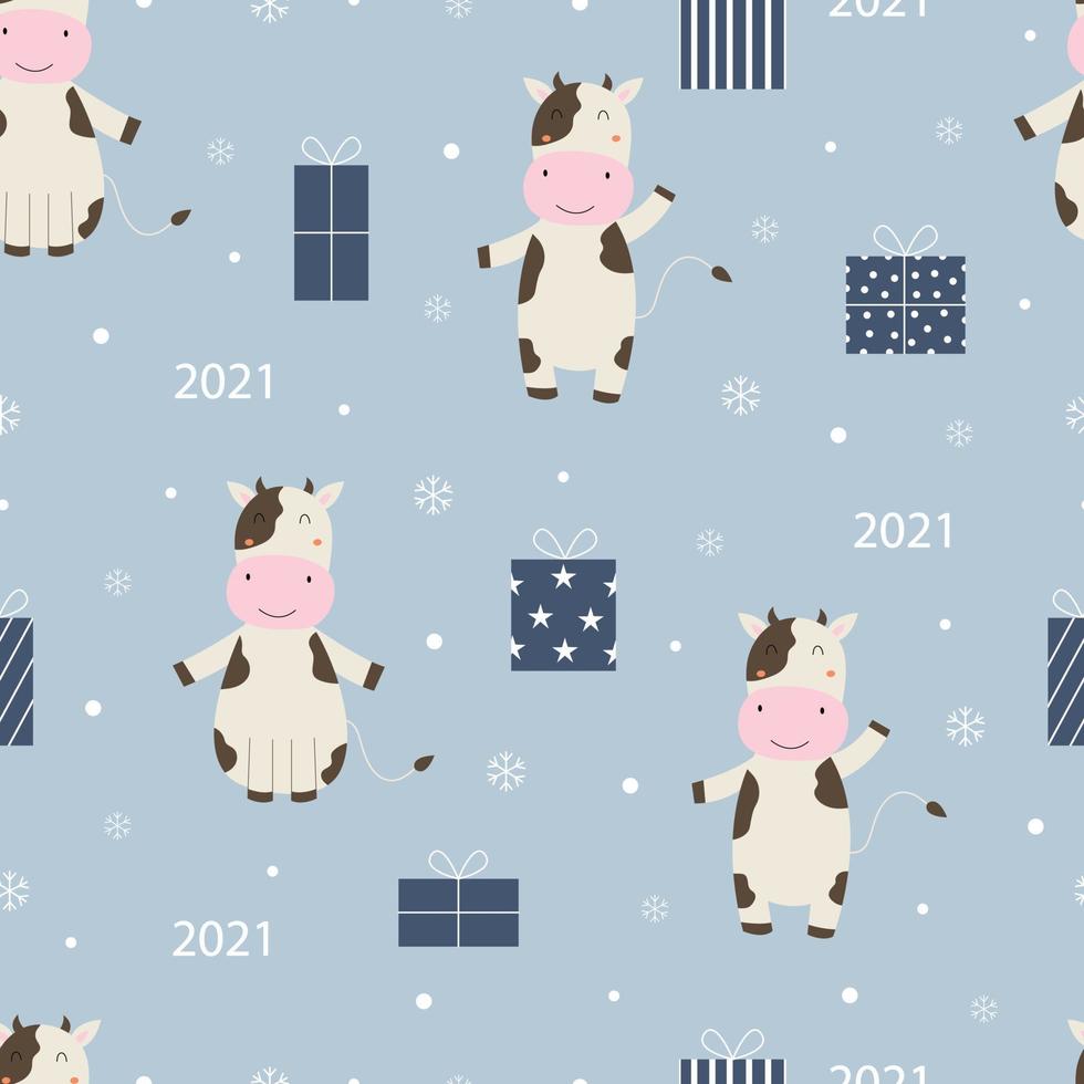 naadloze patroon cartoon dierlijke achtergrond met koe en geschenkdoos hand getekende ontwerp in kinderstijl, gebruik om af te drukken, nieuwjaarsviering behang, stof, textiel. vector illustratie
