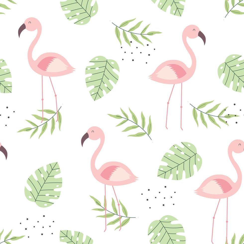 naadloze patroon flamingo en bladeren hand getekende cartoon dierlijke achtergrond in kinderstijl het ontwerp gebruikt voor print, behang, stof, textiel vectorillustratie vector