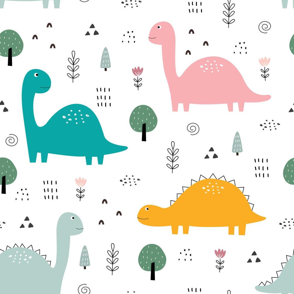 dinosaurus en boom naadloos patroon. schattige dieren cartoon achtergrond hand getekend in kinderstijl. ontwerp om af te drukken, behang, stof, textiel vectorillustratie vector