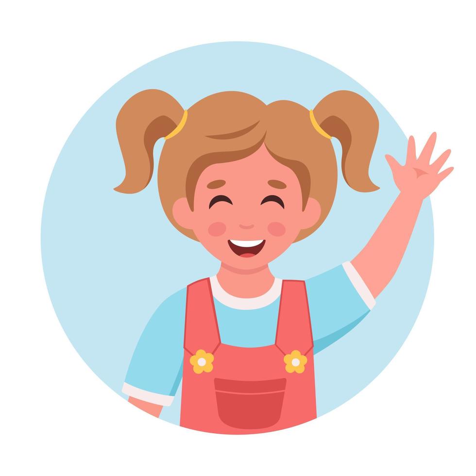 klein meisje glimlachend en zwaaiend met de hand. klein meisje portret in cirkelvorm. vector