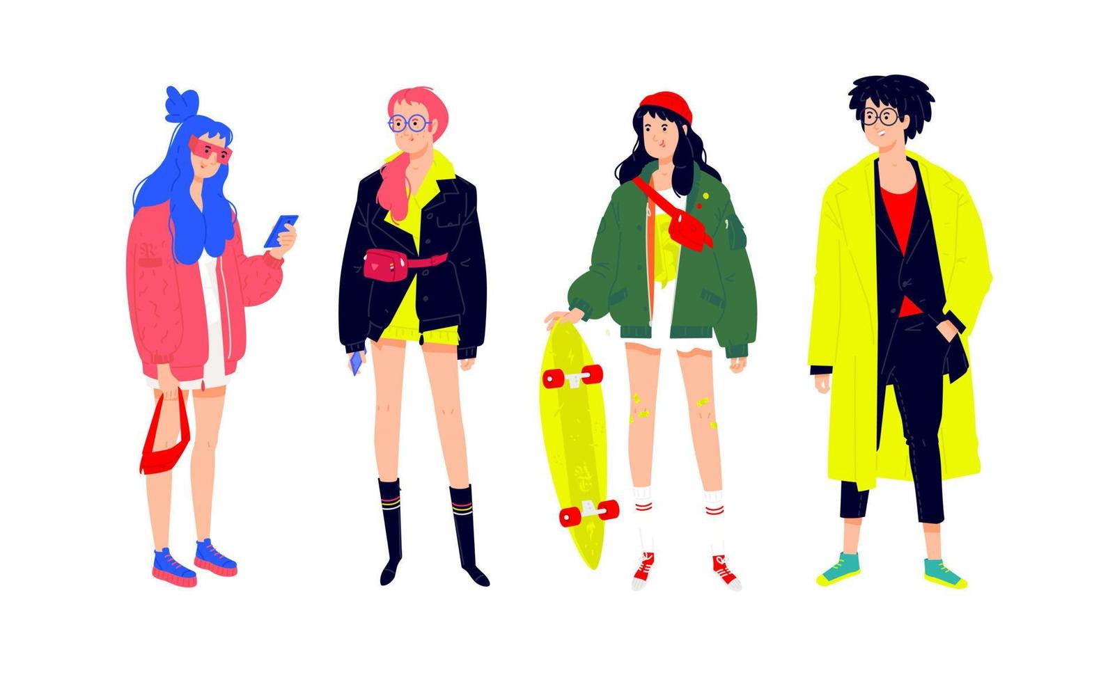 illustratie van een jonge modieuze mensen. meisjes en jongens in modieuze moderne kleding. generatie van melinials en hipsters. mensen van verschillende naties en rassen, shoppers en shopaholics. vector