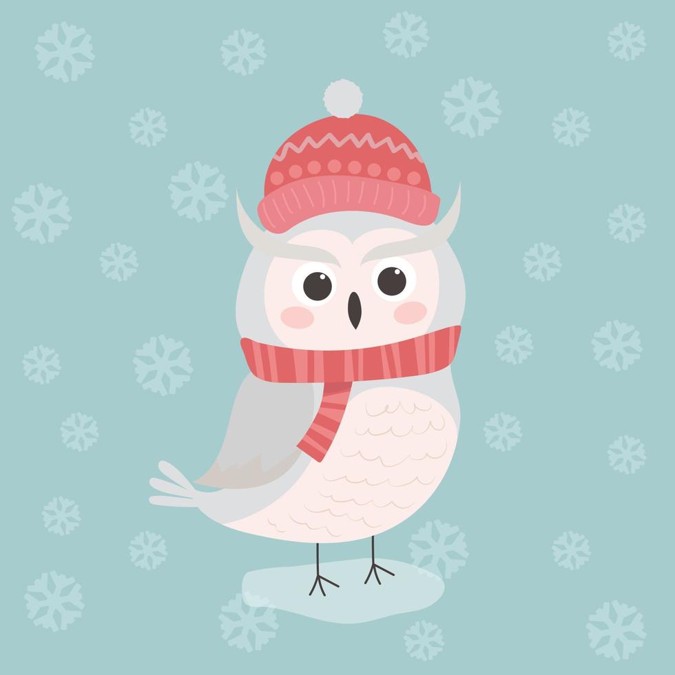 winterillustratie met een schattige pooluil in een muts en sjaal. Kerstmis en Nieuwjaar concept. vector