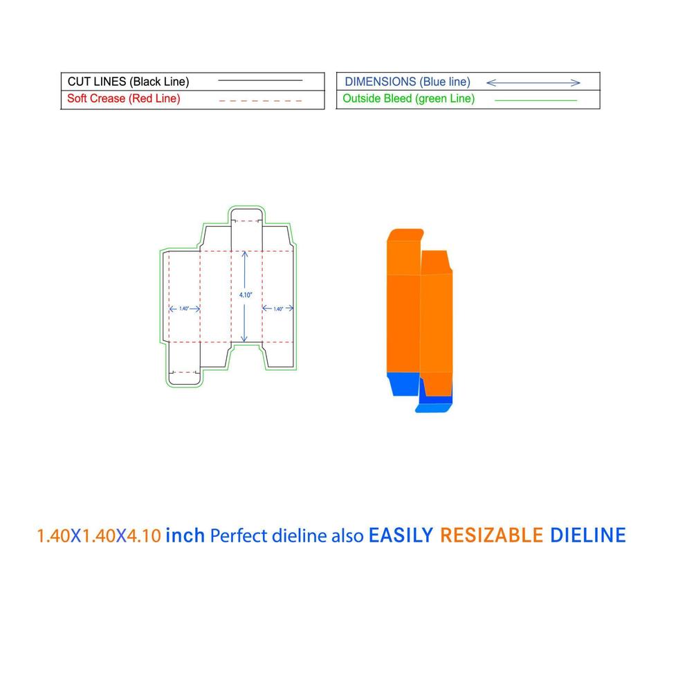 aangepaste reverse tuck end vouwdoos voedsel karton cosmetica doos 1.40x1.40x4.10 inch dieline sjabloon en 3D-vector bestand vector