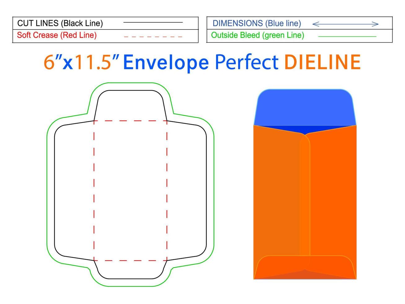 verpakking open einde envelop of catalogus envelop 6x11,5 inch dieline sjabloon en 3D-envelop bewerkbaar gemakkelijk aanpasbaar vector