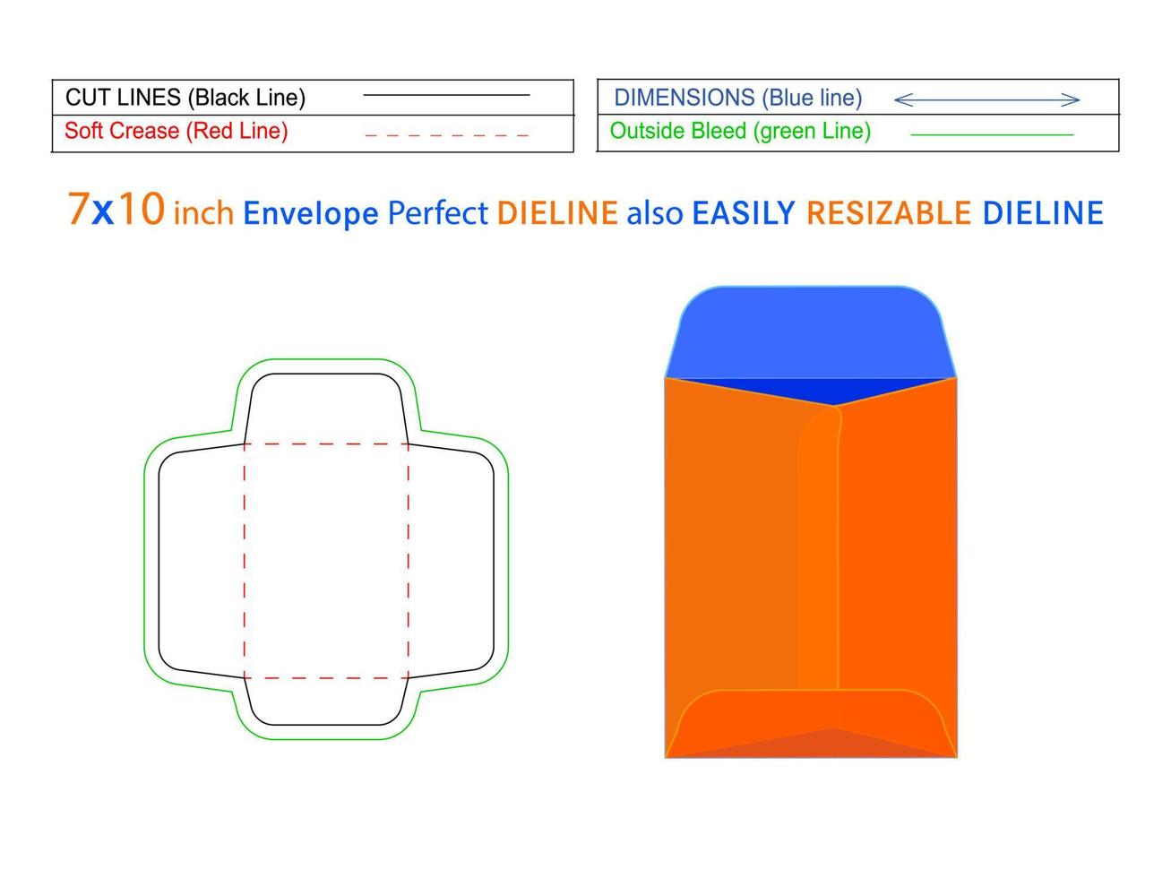 7x10 inch beleid open einde envelop of catalogus envelop dieline sjabloon en 3D-envelop bewerkbaar gemakkelijk aanpasbaar vector