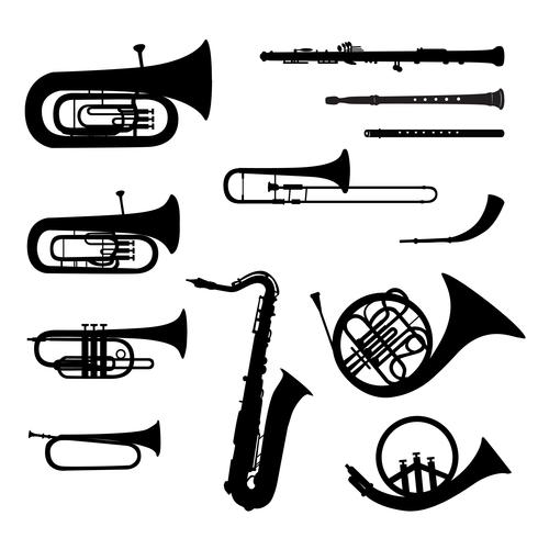 Muziekinstrumenten ingesteld. Silhouetten van het messings de muzikale instrument vector