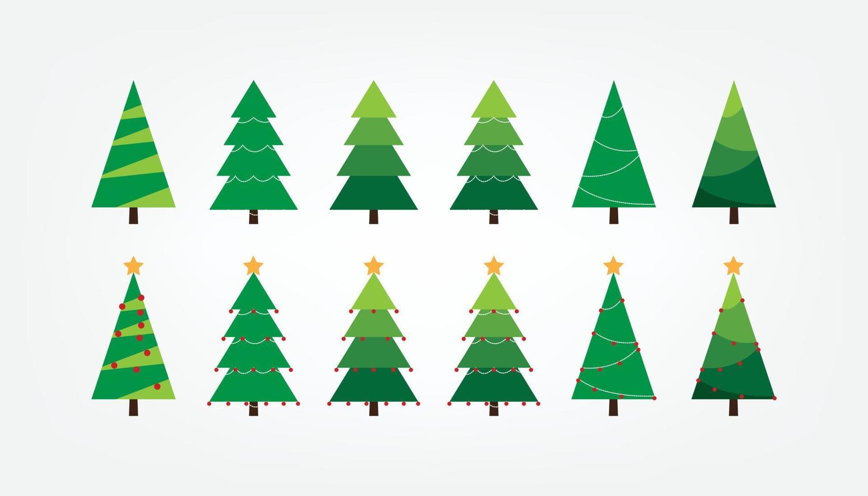 illustratie van een platte versierde kerstboomcollectie voor vrolijk kerstfeest vector