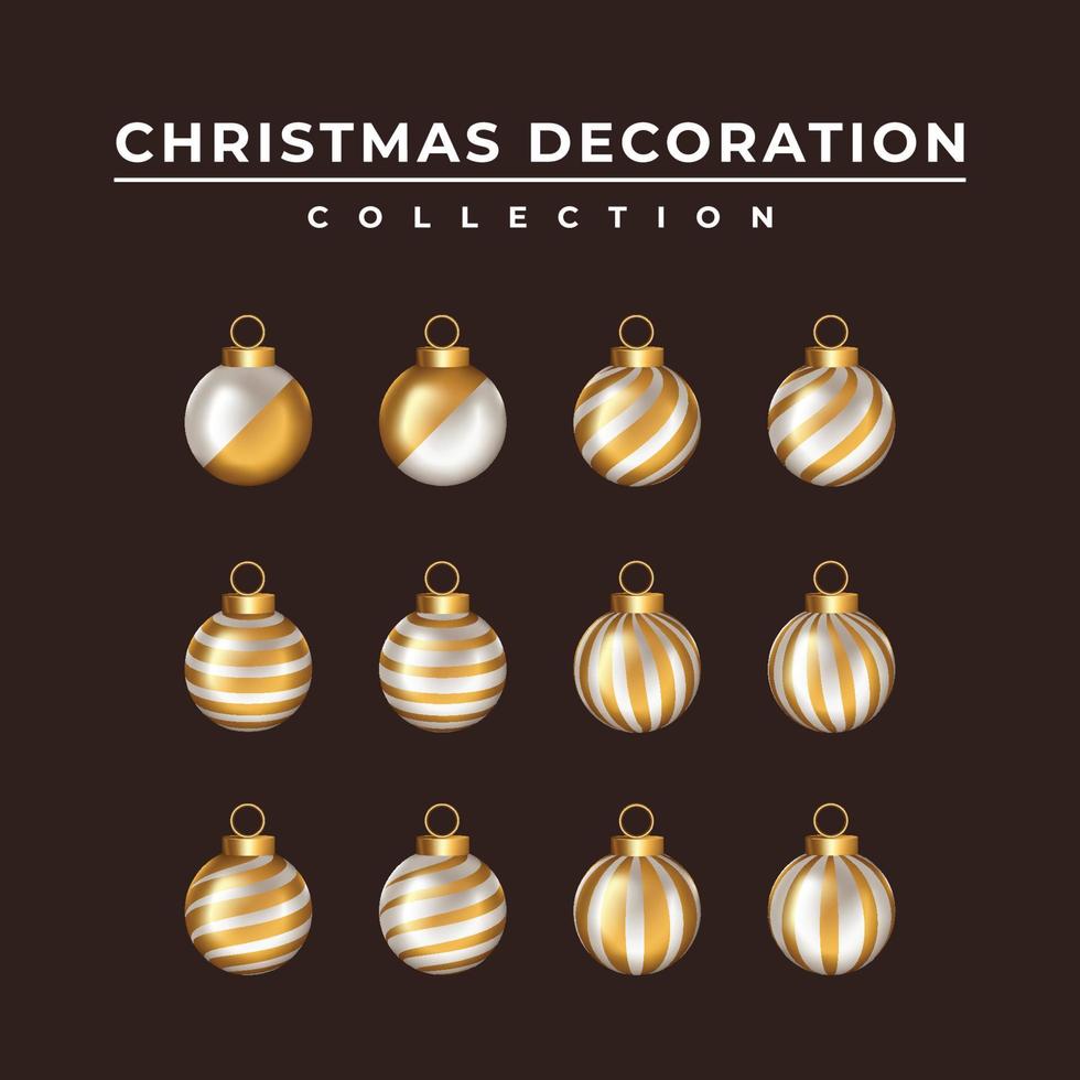 prettige kerstdagen en gelukkig nieuwjaar ontwerp met realistische gouden en witte decoratieve ballen collectie set vector