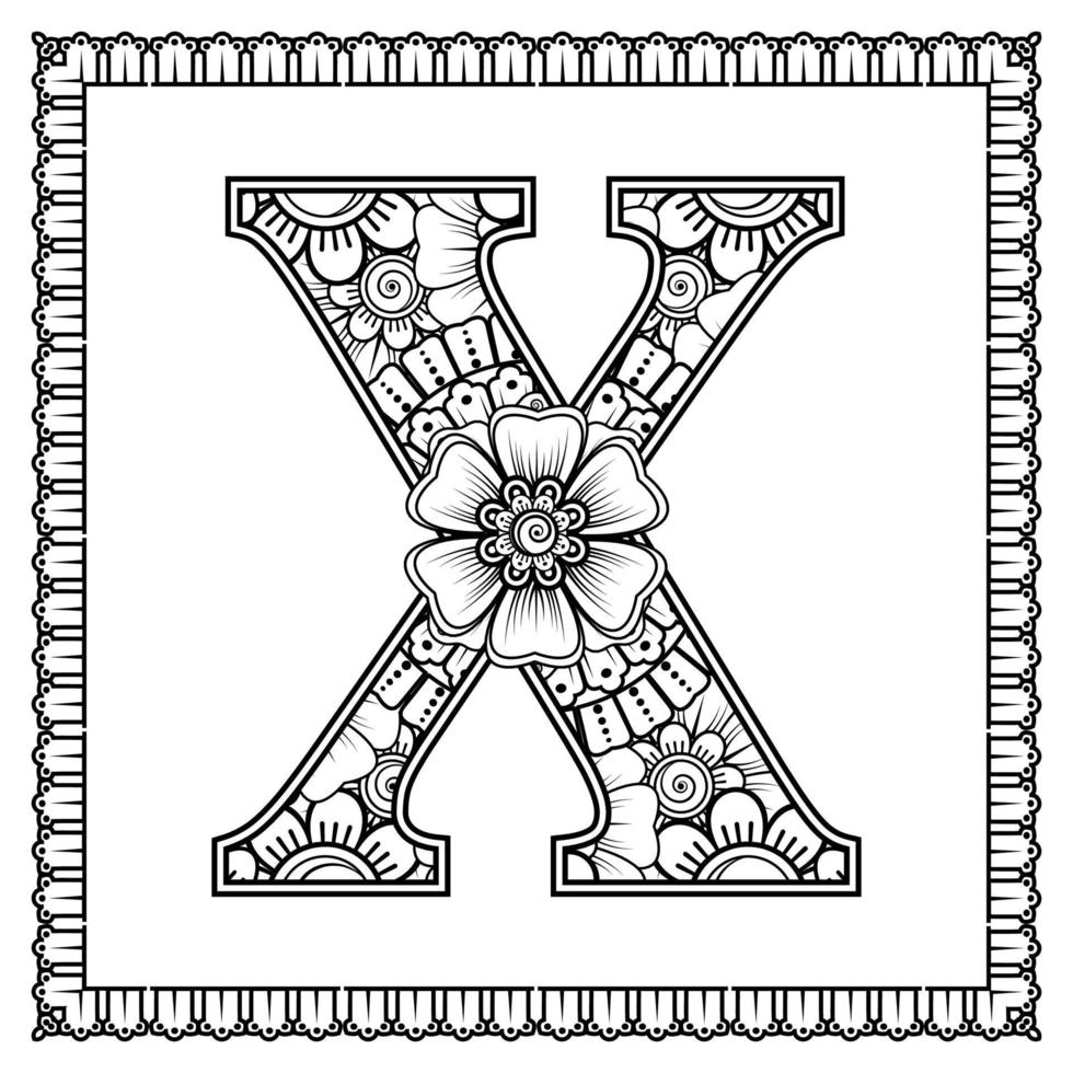 letter x gemaakt van bloemen in mehndi-stijl. kleurboek pagina. schets hand-draw vectorillustratie. vector