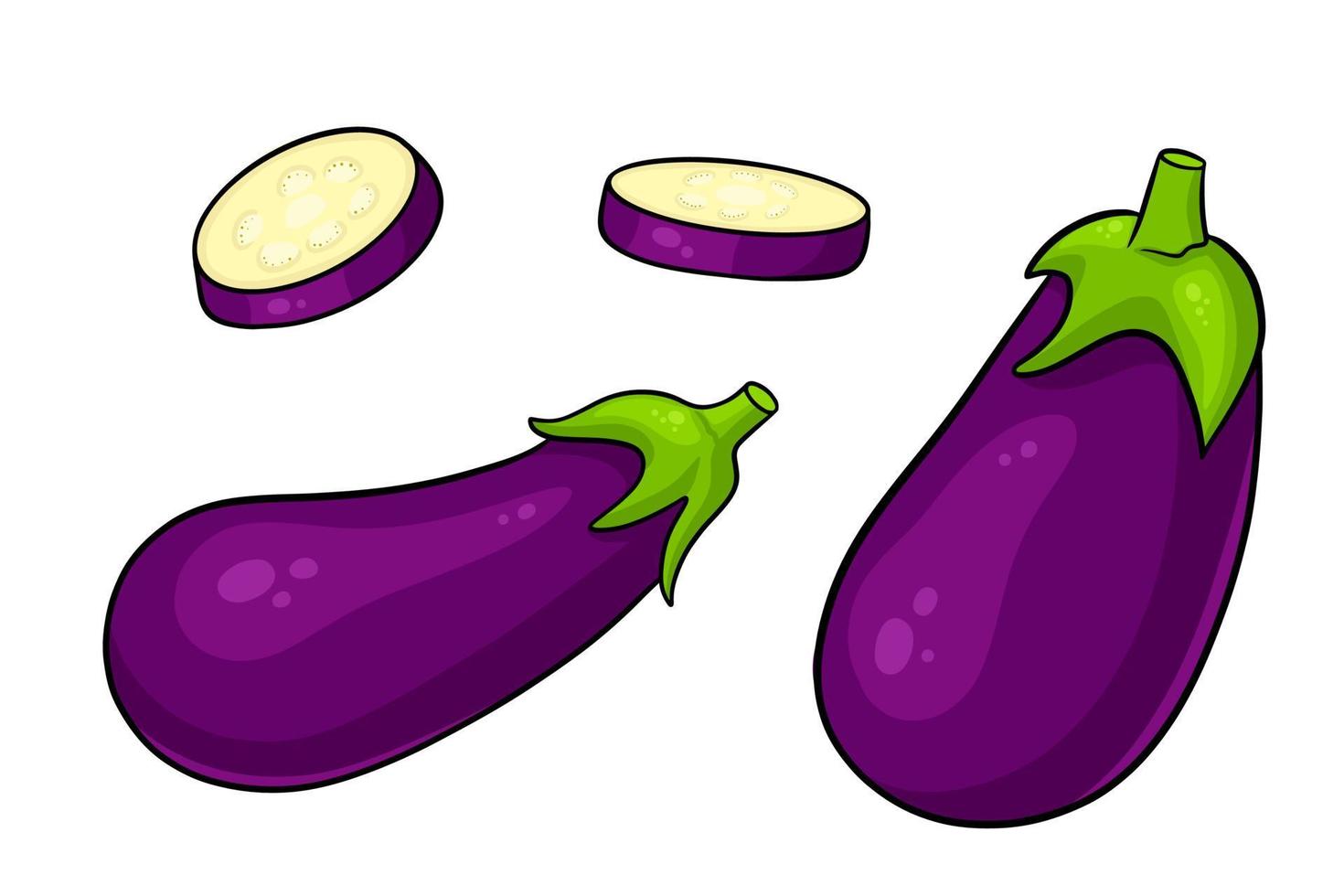 aubergine set. hele aubergine en in partjes gesneden. vector