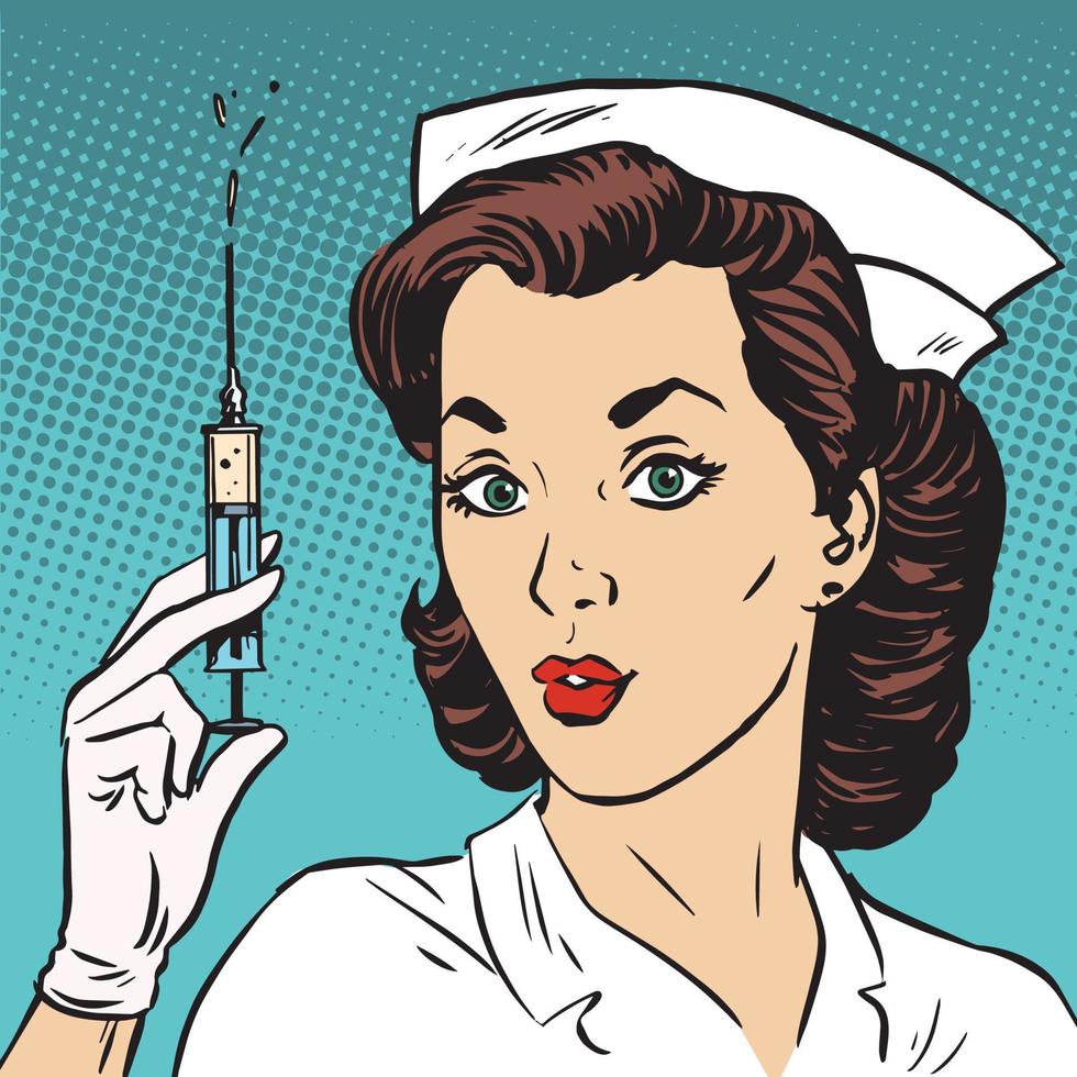 retro verpleegster geeft een injectiespuit geneeskunde gezondheid geneeskunde vector