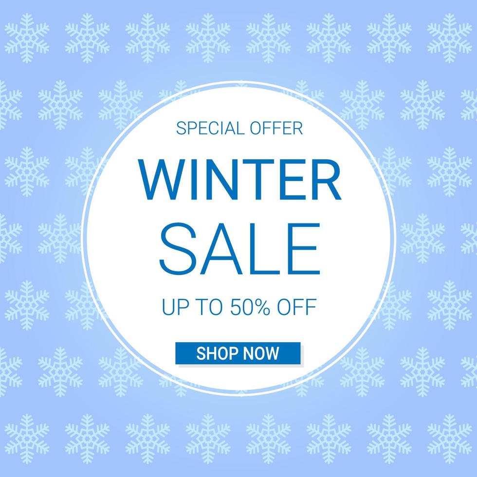 winter verkoop vierkante sjabloon voor spandoek. kortingstekst op blauwe achtergrond met sneeuwvlokken. vector