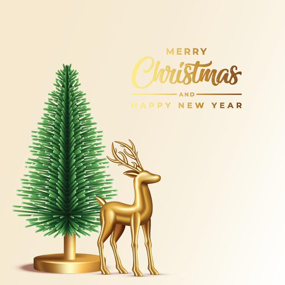 kerstmis en gelukkig nieuwjaar met kegelvormige abstracte kerstbomen en gouden rendieren vector